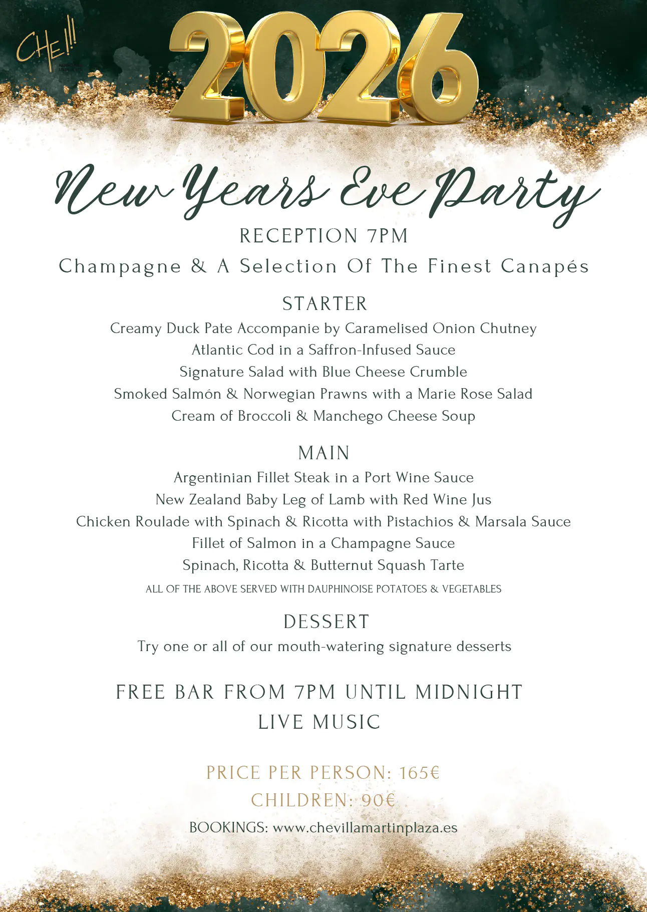 che restaurant New Years Eve 2025villamartin plaza