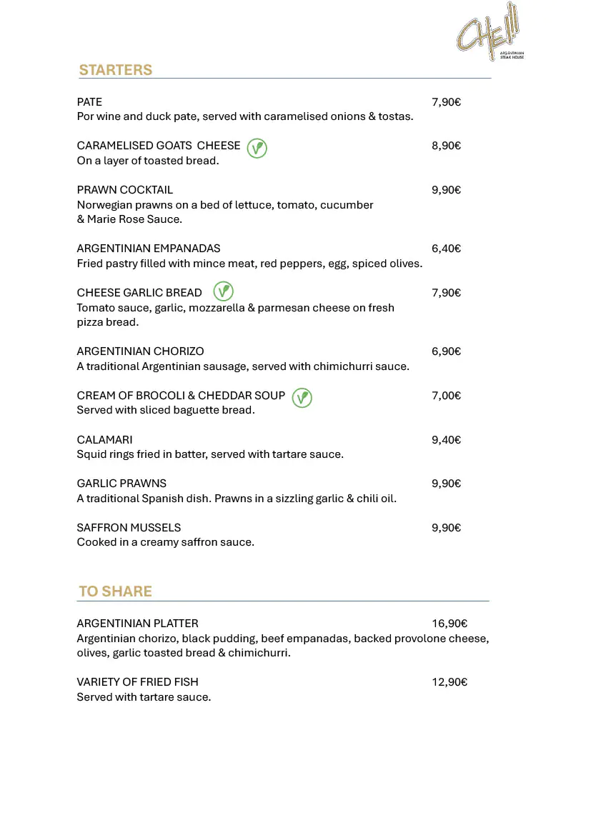 Che Argentinia Grill Restaurant 2025 Daily Menu 2